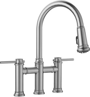 Blanco 442505 Empressa 9" Double Handle Bridge/Deck Mounted Kitchen Faucet with Pull-Down Dual Spray in PVD Steel