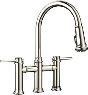 Blanco 442506 Empressa 9" Double Handle Bridge/Deck Mounted Kitchen Faucet with Pull-Down Dual Spray in Polished Nickel