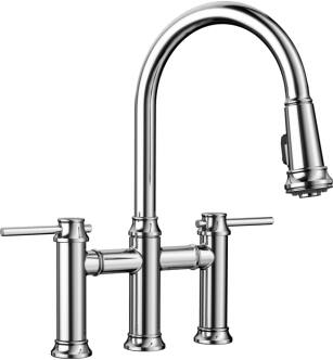Blanco 442504 Empressa 9" Double Handle Bridge/Deck Mounted Kitchen Faucet with Pull-Down Dual Spray in Chrome