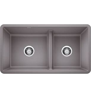 Blanco 442527 Precis 33" Reversible 1-3/4 Double Bowl Undermount Silgranit Kitchen Sink with Low Divide in Metallic Grey