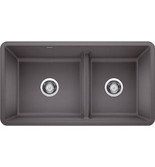 Blanco 442521 Precis 33" Reversible 1-3/4 Double Bowl Undermount Silgranit Kitchen Sink with Low Divide in Cinder
