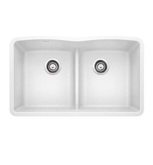 Blanco 442074 Diamond 32" Double Bowl Undermount Silgranit Kitchen Sink with Low Divide in White