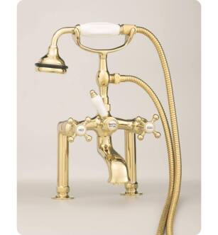 Cheviot 5112-SB Two Cross Handle Rim Mount Extra Tall Tub Filler Faucet with Hand Shower in Satin Brass