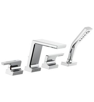 Delta T4799-PR Pivotal 7 1/8" Double Handle Deck Mounted Roman Tub Faucet Trim with Handshower in Lumicoat Chrome