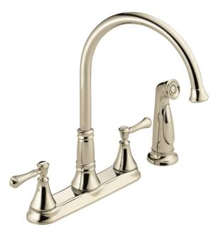 Delta 2497LF-PN Cassidy 13 1/2" Double Handle Deck Mounted Kitchen Faucet with Side Spray in Polished Nickel