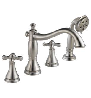 Delta T4797-SSLHP Cassidy 9 3/8" Two Handle Deck Mounted Roman Tub Faucet Trim with Hand Shower in Stainless Steel