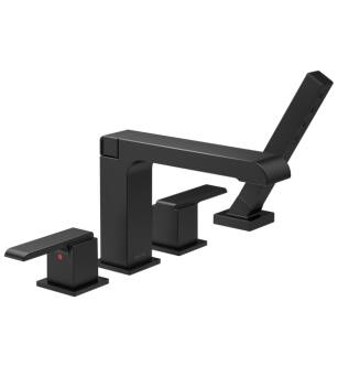 Delta T4767-BL Ara 6 3/4" Double Handle Deck Mounted Roman Tub Faucet with Hand Shower in Matte Black