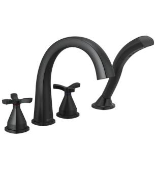 Delta T47776-BL Stryke 10 3/4" Double Cross Handle Deck Mounted Roman Tub Faucet with Handshower in Matte Black