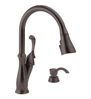 Delta Arabella™ 19950Z-RBSD-DST Single Handle Pull-Down Kitchen Faucet with Soap Dispenser and ShieldSpray Four Hole Deck Mount in Venetian Bronze