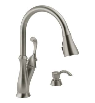 Delta Arabella™ 19950Z-SSSD-DST Single Handle Pull-Down Kitchen Faucet with Soap Dispenser and ShieldSpray Four Hole Deck Mount in Stainless