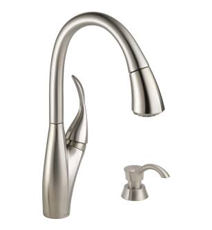 Delta Berkley® 19932Z-SPSD-DST Single Handle Pull-down Kitchen Faucet with MagnaTite and Soap Dispenser Four Hole Deck Mount in Spotshield Stainless