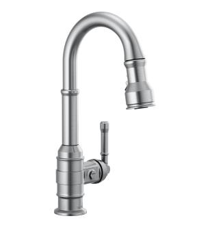Delta Broderick™ 9990-AR-DST Single Handle Pull-Down Bar/Prep Faucet Three Hole Deck Mount in Arctic Stainless