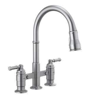 Delta Broderick™ 2390L-AR-DST Two Handle Pull-Down Bridge Kitchen Faucet in Arctic Stainless