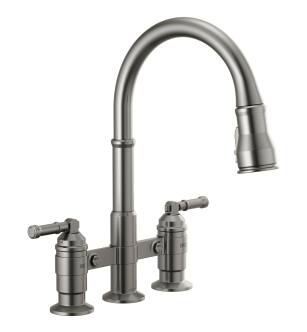 Delta Broderick™ 2390L-KS-DST Two Handle Pull-Down Bridge Kitchen Faucet in Black Stainless