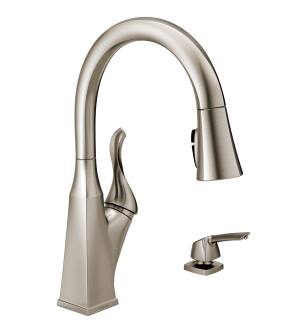 Delta Cantrall™ 19806Z-SPSD-DST Single Handle Pull-Down Kitchen Faucet with Soap Dispenser and ShieldSpray Technology Four Hole Deck Mount in Spotshield Stainless