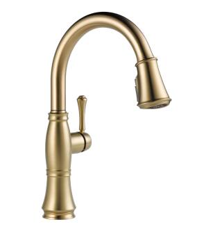 Delta Cassidy™ 9197-CZ-PR-DST Single Handle Pulldown Kitchen Faucet Three Hole Deck Mount in Lumicoat Champagne Bronze