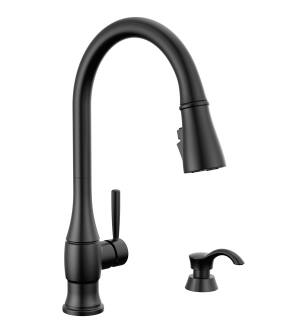 Delta Hazelwood™ 19831Z-BLSD-DST Single Handle Pull-Down Kitchen Faucet with Soap Dispenser and ShieldSpray Technology in Matte Black