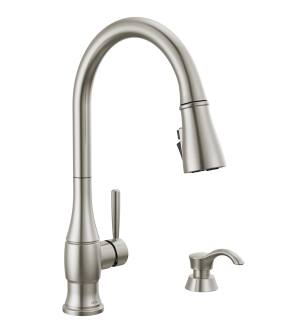 Delta Hazelwood™ 19831Z-SPSD-DST Single Handle Pull-Down Kitchen Faucet with Soap Dispenser and ShieldSpray Technology in Spotshield Stainless