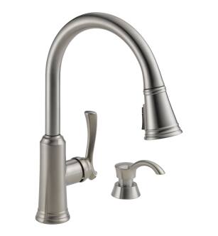 Delta Lakeview® 19963Z-SSSD-DST Single Handle Pull-Down Kitchen Faucet with Soap Dispenser and ShieldSpray® Technology Four Hole Deck Mount in Stainless