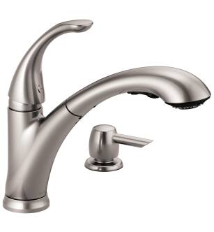 Delta Pixa® 16736-SSSD-DST Single Handle Pull-Out Kitchen Faucet with Soap Dispenser Four Hole Deck Mount in Stainless