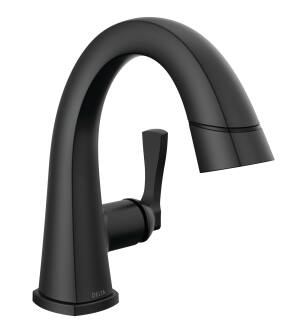 Delta Stryke® 577-BLPD-DST Single Handle Pull Down Bathroom Faucet Three Hole Deck Mount in Matte Black