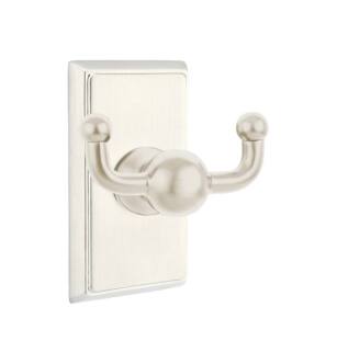 Emtek 26093US15 3 3/8" Wall Mount Double Robe Hook with Rectangular Rosette in Satin Nickel