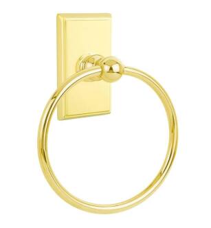Emtek 26013US3 6 7/8" Wall Mount Towel Ring with Rectangular Rosette in Polished Brass - Lifetime