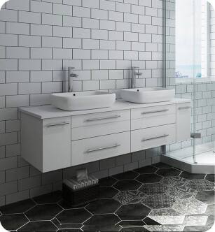 Fresca FCB6160WH-VSL-D-CWH-V Lucera 60" White Wall Hung Modern Bathroom Cabinet with Top & Double Vessel Sinks