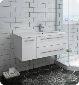 Fresca FCB6136WH-UNS-R-CWH-U Lucera 36" White Wall Hung Modern Bathroom Cabinet with Top & Undermount Sink - Right Version