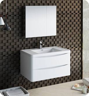 Fresca FVN9036WH Tuscany 36" Glossy White Wall Hung Modern Bathroom Vanity with Medicine Cabinet