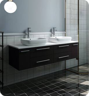 Fresca FCB6160ES-VSL-D-CWH-V Lucera 60" Espresso Wall Hung Modern Bathroom Cabinet with Top & Double Vessel Sinks
