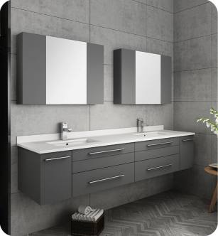 Fresca FVN6172GR-UNS-D Lucera 72" Gray Wall Hung Double Undermount Sink Modern Bathroom Vanity with Medicine Cabinets