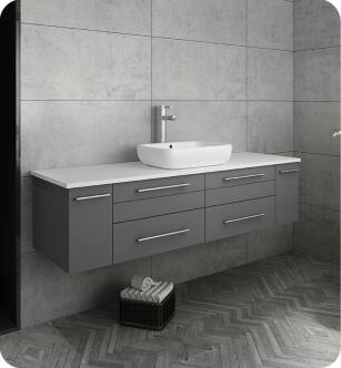 Fresca FCB6160GR-VSL-CWH-V Lucera 60" Gray Wall Hung Modern Bathroom Cabinet with Top & Single Vessel Sink