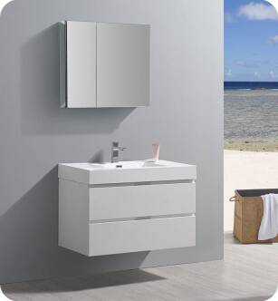 Fresca FVN8336WH Valencia 36" Glossy White Wall Hung Modern Bathroom Vanity with Medicine Cabinet