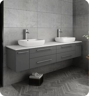 Fresca FCB6172GR-VSL-D-CWH-V Lucera 72" Gray Wall Hung Modern Bathroom Cabinet with Top & Double Vessel Sinks