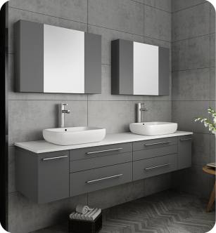 Fresca FVN6172GR-VSL-D Lucera 72" Gray Wall Hung Double Vessel Sink Modern Bathroom Vanity with Medicine Cabinets