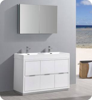 Fresca FVN8448WH-D Valencia 48" Glossy White Free Standing Double Sink Modern Bathroom Vanity with Medicine Cabinet