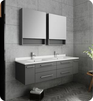 Fresca FVN6160GR-UNS-D Lucera 60" Gray Wall Hung Double Undermount Sink Modern Bathroom Vanity with Medicine Cabinets