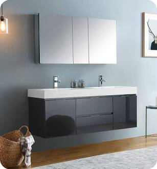 Fresca FVN8360GG-D Valencia 60" Dark Slate Gray Wall Hung Double Sink Modern Bathroom Vanity with Medicine Cabinet