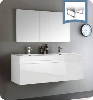 Fresca FVN8042WH Mezzo 59" White Wall Hung Double Sink Modern Bathroom Vanity with Medicine Cabinet