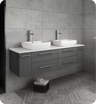 Fresca FCB6160GR-VSL-D-CWH-V Lucera 60" Gray Wall Hung Modern Bathroom Cabinet with Top & Double Vessel Sinks