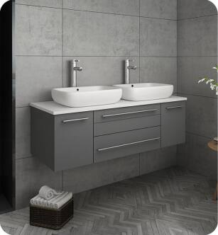 Fresca FCB6148GR-VSL-D-CWH-V Lucera 48" Gray Wall Hung Modern Bathroom Cabinet with Top & Double Vessel Sinks