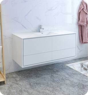 Fresca FCB9260WH-S-I Catania 60" Glossy White Wall Hung Modern Bathroom Cabinet with Integrated Single Sink