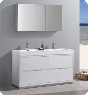 Fresca FVN8460WH-D Valencia 60" Glossy White Free Standing Double Sink Modern Bathroom Vanity with Medicine Cabinet