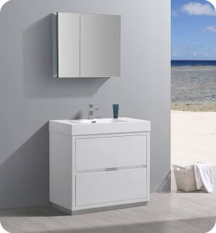 Fresca FVN8436WH Valencia 36" Glossy White Free Standing Modern Bathroom Vanity with Medicine Cabinet