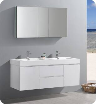 Fresca FVN8360WH-D Valencia 60" Glossy White Wall Hung Double Sink Modern Bathroom Vanity with Medicine Cabinet