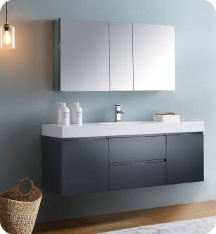 Fresca FVN8360GG Valencia 60" Dark Slate Gray Wall Hung Modern Bathroom Vanity with Medicine Cabinet