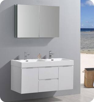 Fresca FVN8348WH-D Valencia 48" Glossy White Wall Hung Double Sink Modern Bathroom Vanity with Medicine Cabinet