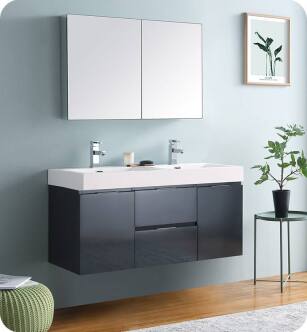 Fresca FVN8348GG-D Valencia 48" Dark Slate Gray Wall Hung Double Sink Modern Bathroom Vanity with Medicine Cabinet