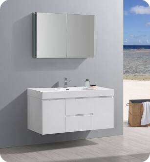 Fresca FVN8348WH Valencia 48" Glossy White Wall Hung Modern Bathroom Vanity with Medicine Cabinet